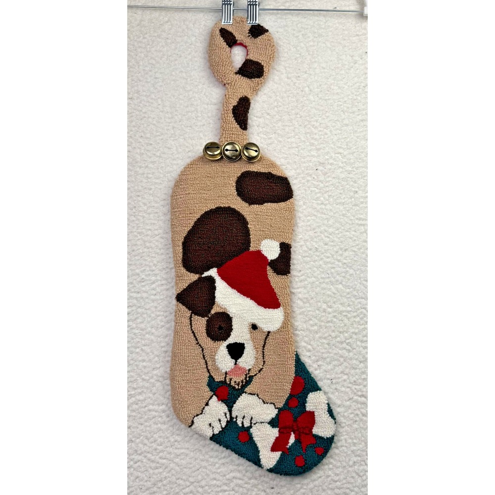Crystal Snow Dog Santa Hat Hooked Christmas Stocking Jingle Bells Lined Decor